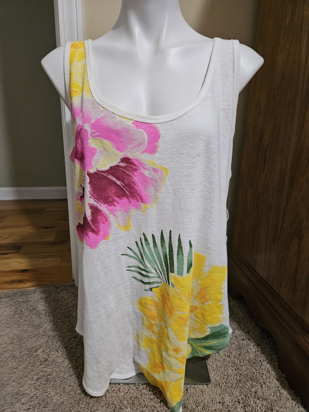 Old Navy White Tank Top with Pink & Yellow Floral Print